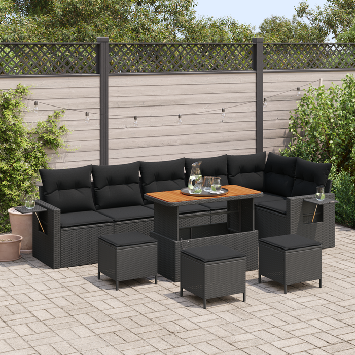 Set di Divani da Giardino da 10 Pezzi con Cuscini Nero Poly Rattan Acacia