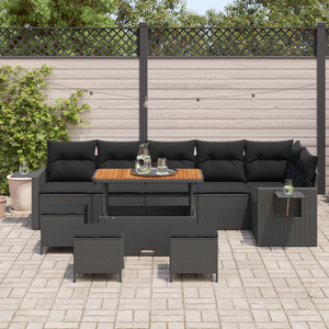 Set di Divani da Giardino da 10 Pezzi con Cuscini Nero Poly Rattan Acacia