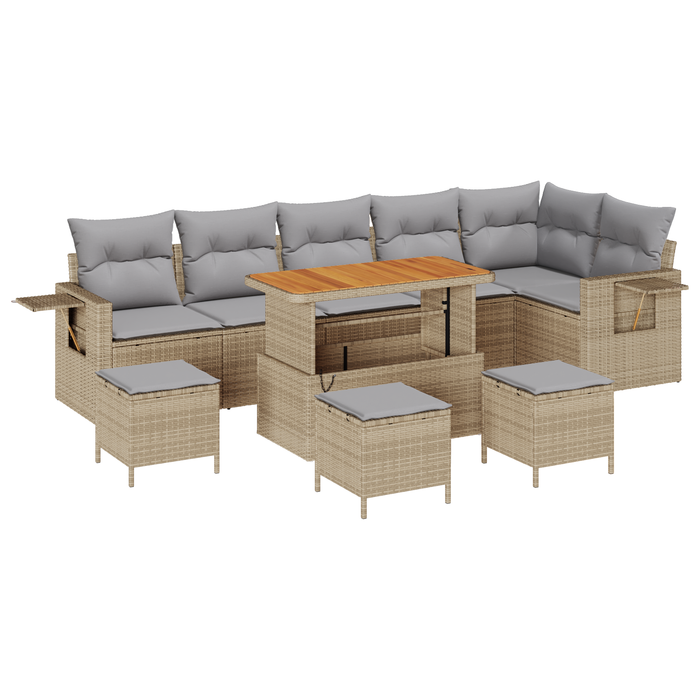 Set di 10 Pezzi di Sofa da Giardino con Cuscini Beige in Polyrattan Acacia