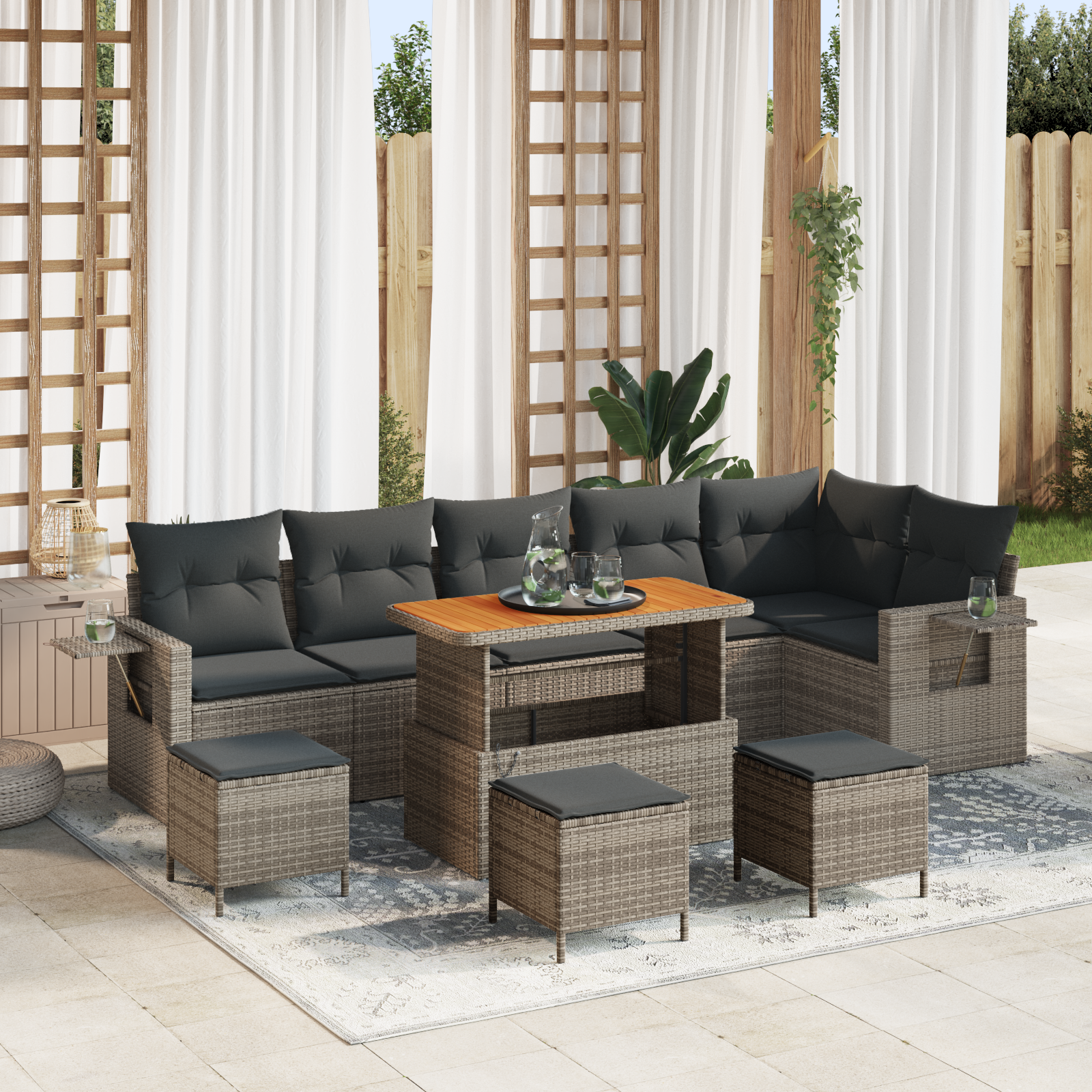Set Divani Giardino  10 Pezzi con Cuscini Grigi in Polyrattan Acacia