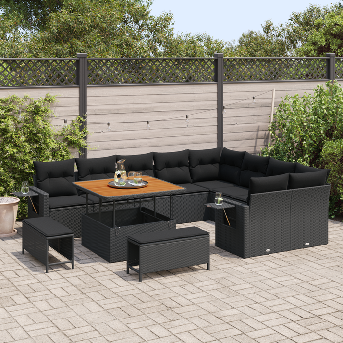 Set Divani Giardino 12 Pezzi Cuscini Polyrattan Nero Acacia