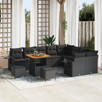 Set di Divano da Giardino da 12 Pezzi con Cuscini Nero Polyrattan Acacia