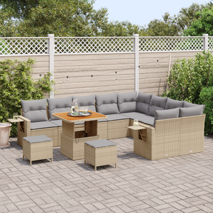 Set Divano da Giardino da 12 Pezzi con Cuscini Beige Polyrattan Acacia