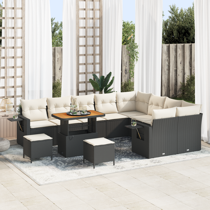 Set Divano da Giardino da 12 Pezzi con Cuscini Nero Polyrattan Acacia