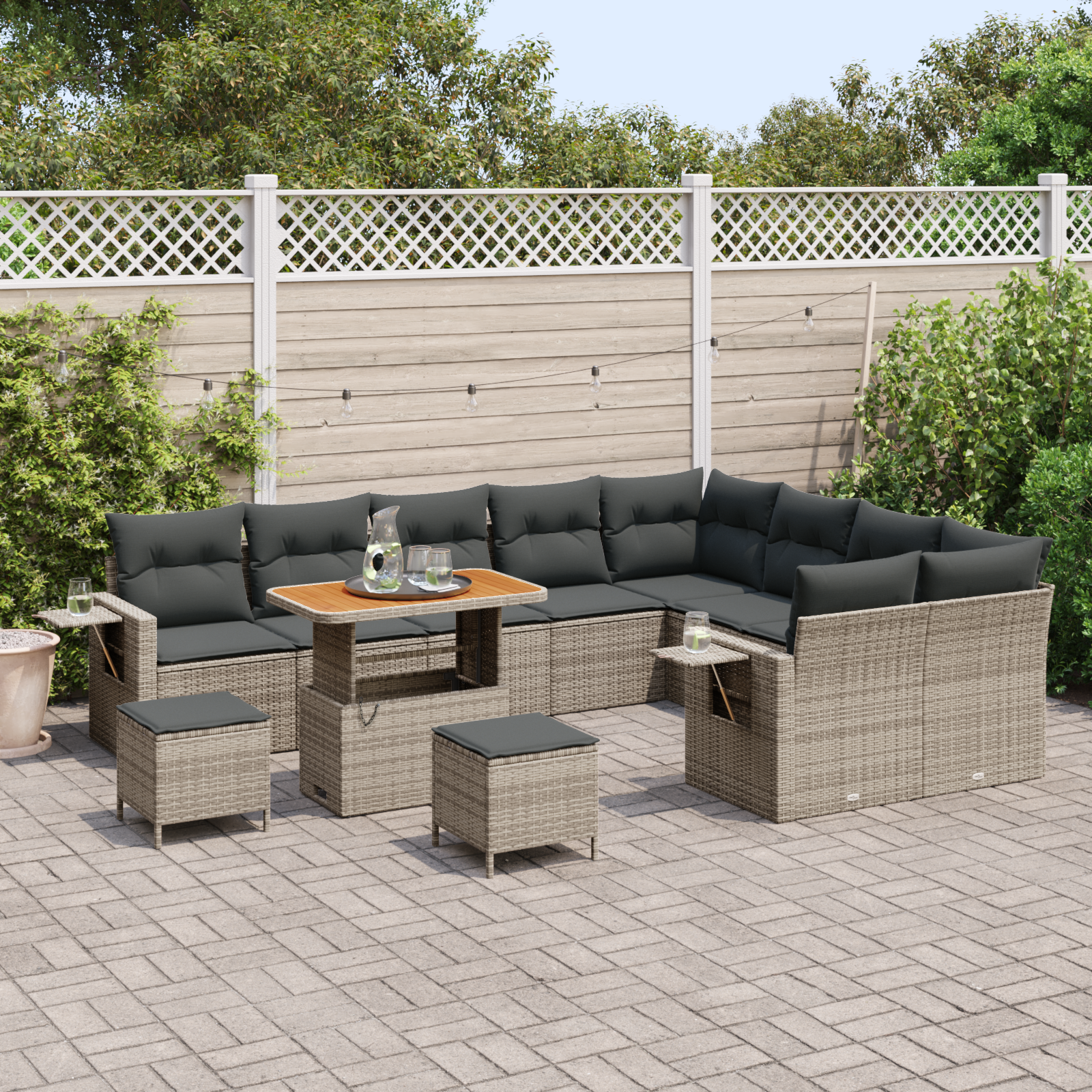 Set divano da giardino da 12 pezzi con cuscini grigi in rattan e acacia