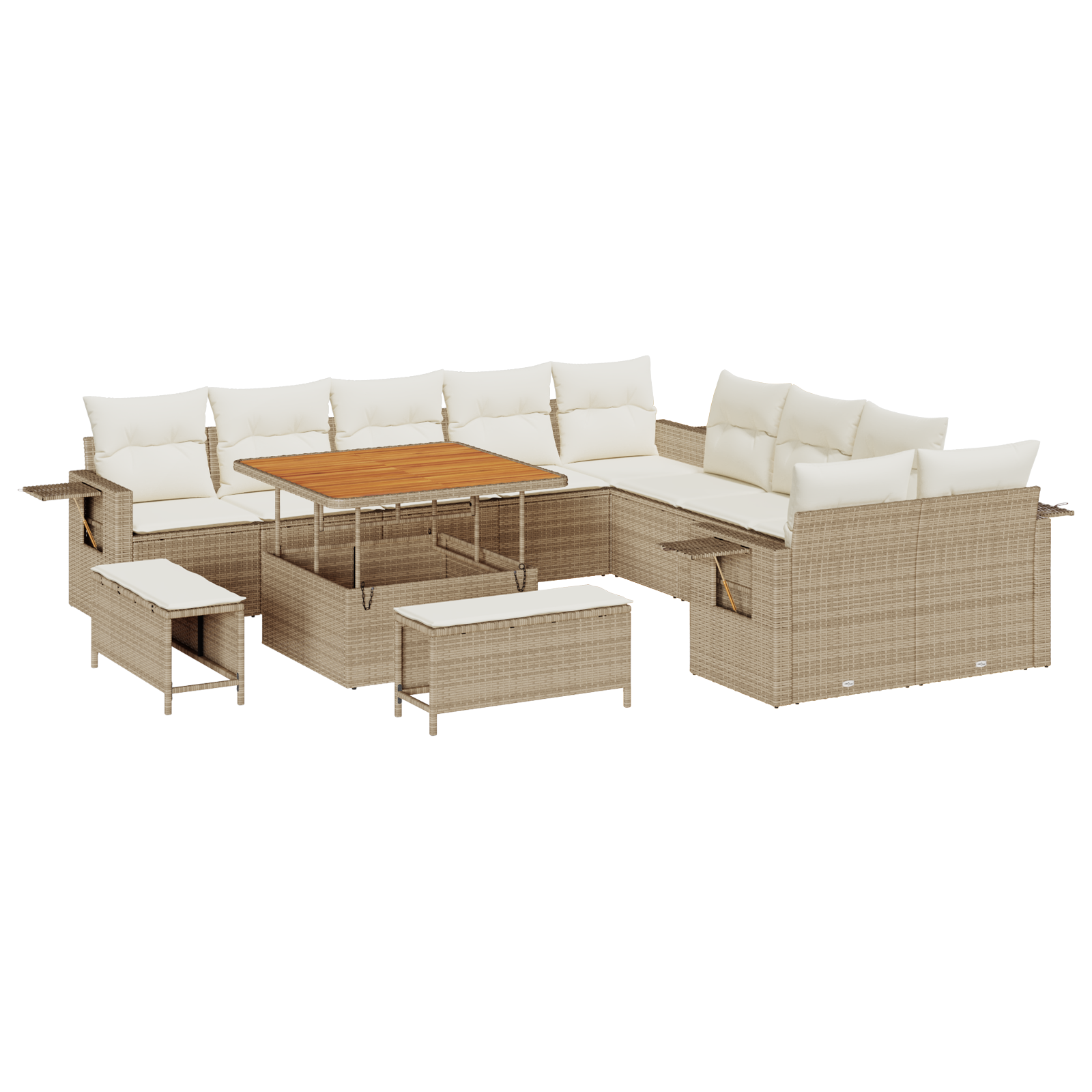 Set Divano da Giardino 13 Pezzi con Cuscini Beige Polyrattan Acacia