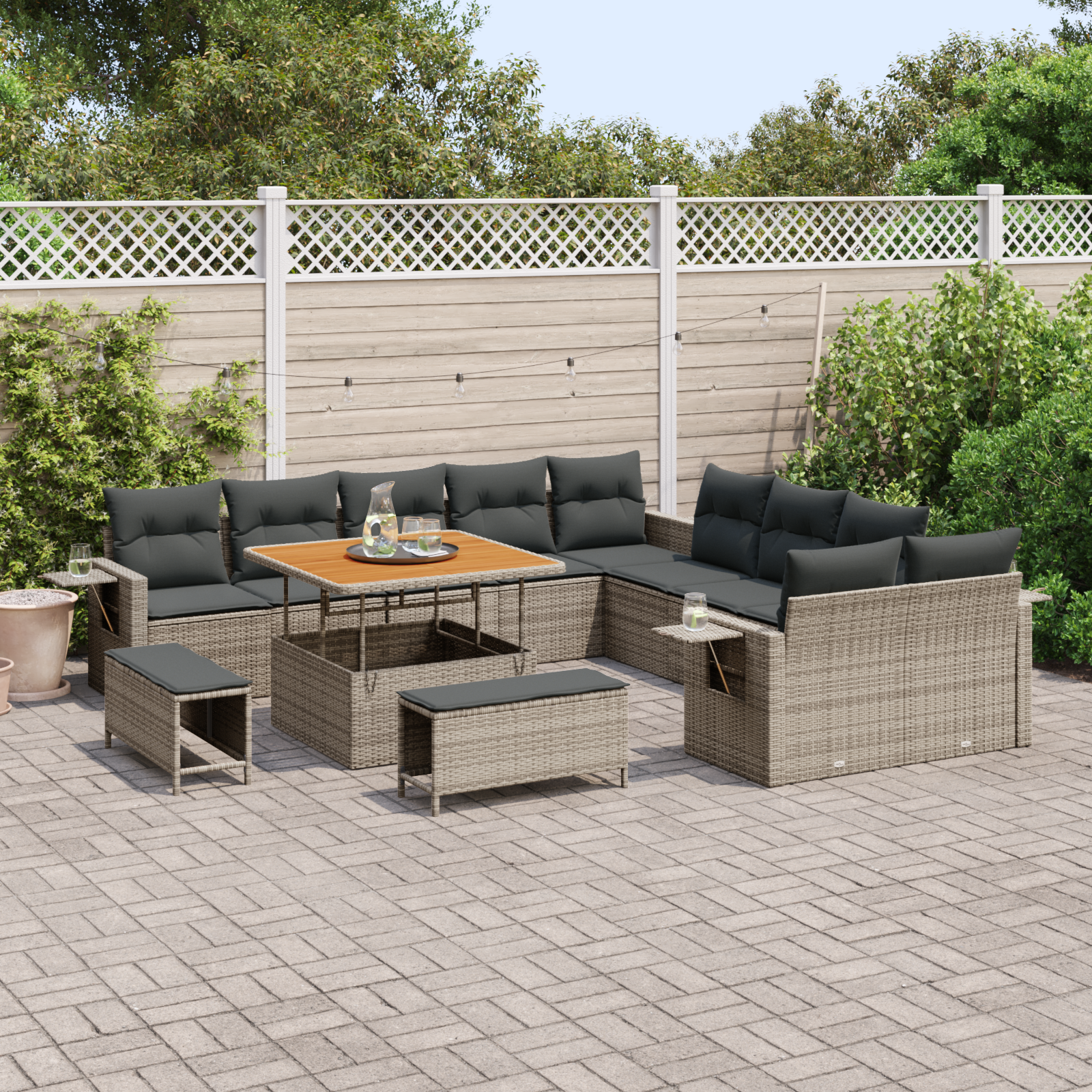 Set Divano da Giardino da 13 Pezzi con Cuscini Grigio Polyrattan Acacia