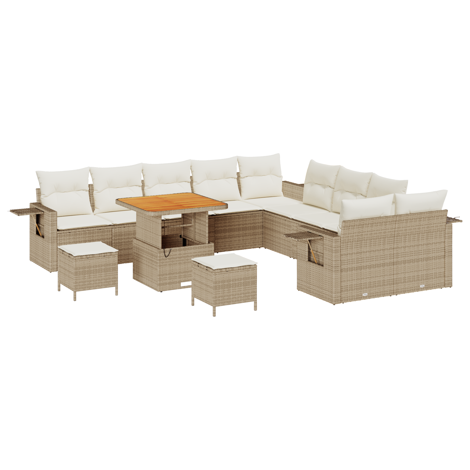Set divani giardino 13 pezzi  con cuscini in polirattan beige e acacia