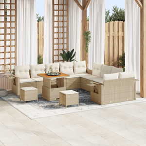 Set divani giardino 13 pezzi  con cuscini in polirattan beige e acacia