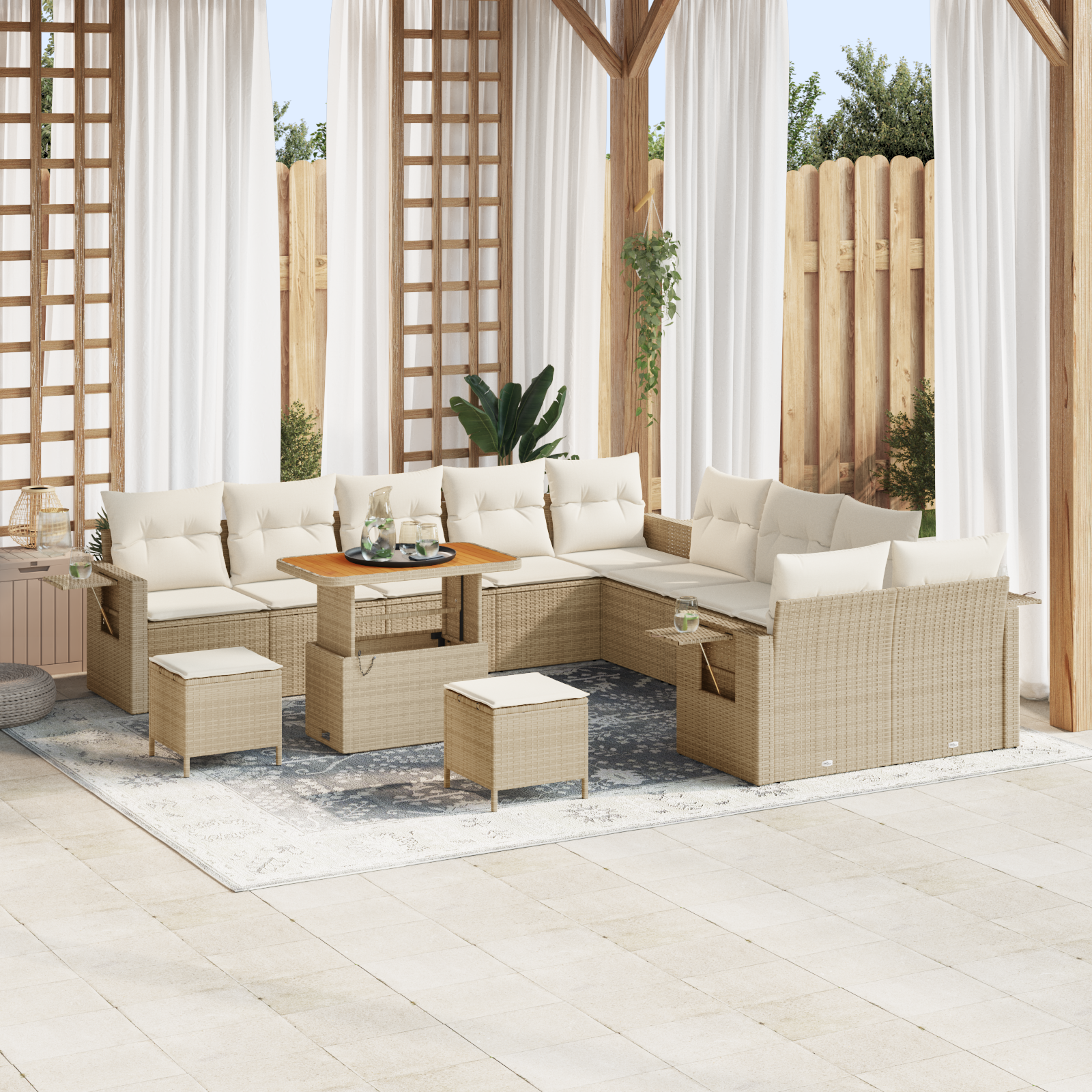 Set di Sofà da Giardino  13 Pezzi con Cuscini Beige in Polietilene Rattan Acacia