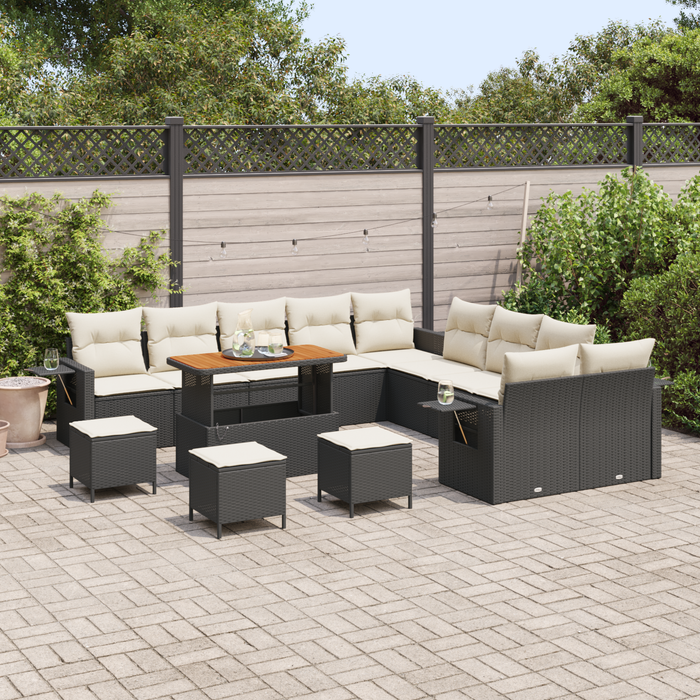 Set di Divano da Giardino  14 Pezzi con Cuscini Polyrattan Nero Acacia