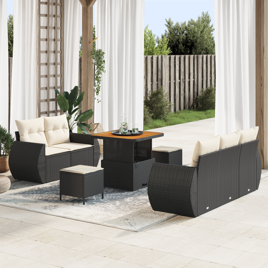Set Divano da Giardino a 8 Pezzi con Cuscini Nero Polyrattan Acacia