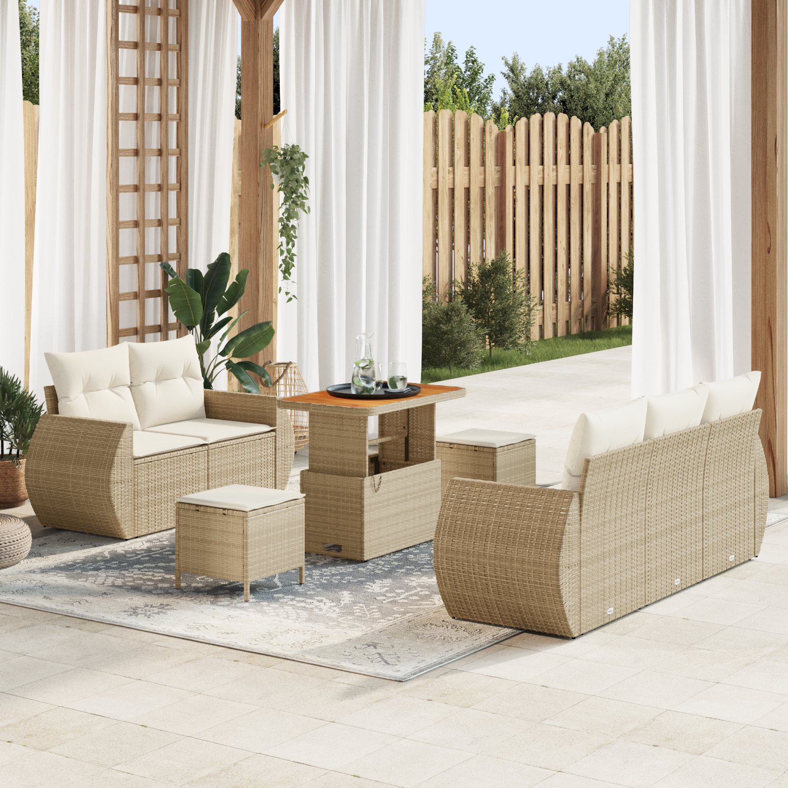 Set di Sofà da Giardino 8 Pezzi con Cuscini Beige Rattan Polietilene Acacia