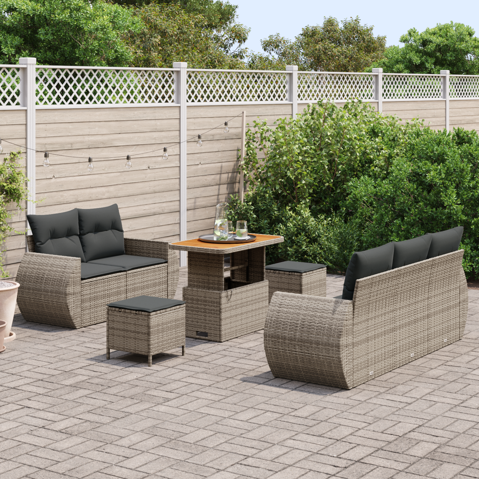 Set di Divani da Giardino 8 Pezzi con Cuscini Grigio Polirattan Acacia