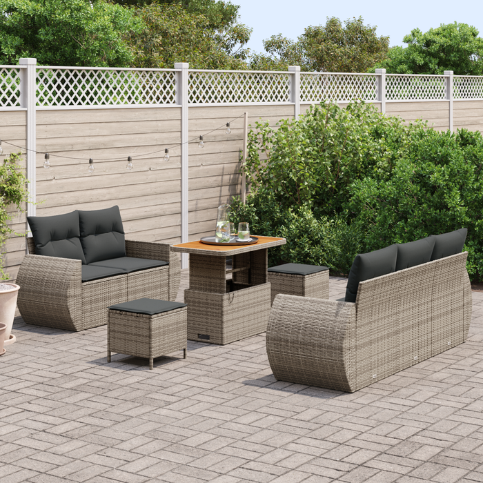 Set di Divani da Giardino 8 Pezzi con Cuscini Grigio Polirattan Acacia