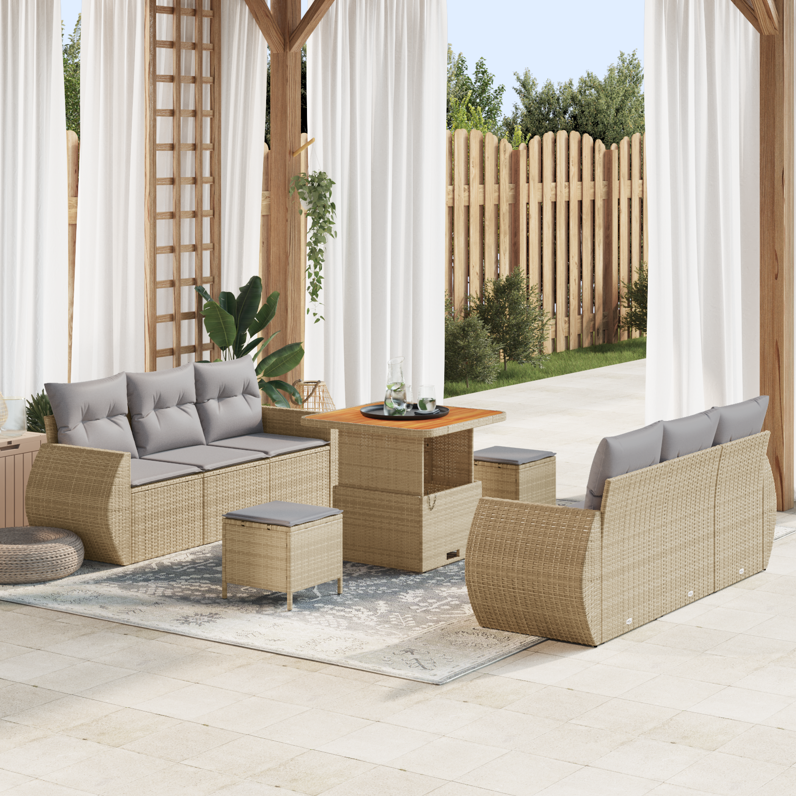 Set Divano da Giardino 9 Pezzi con Cuscini Beige Rattan Polimerico Acacia
