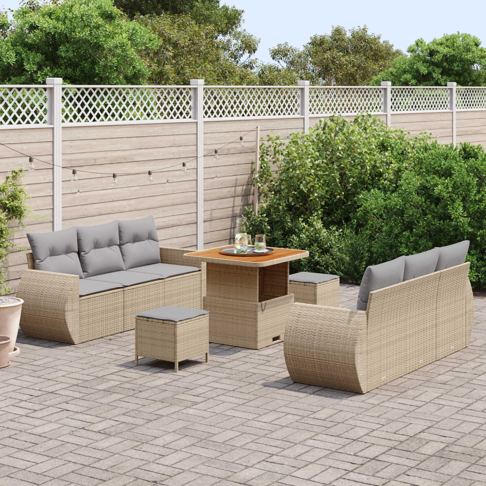 Set Divano da Giardino 9 Pezzi con Cuscini Beige Rattan Polimerico Acacia