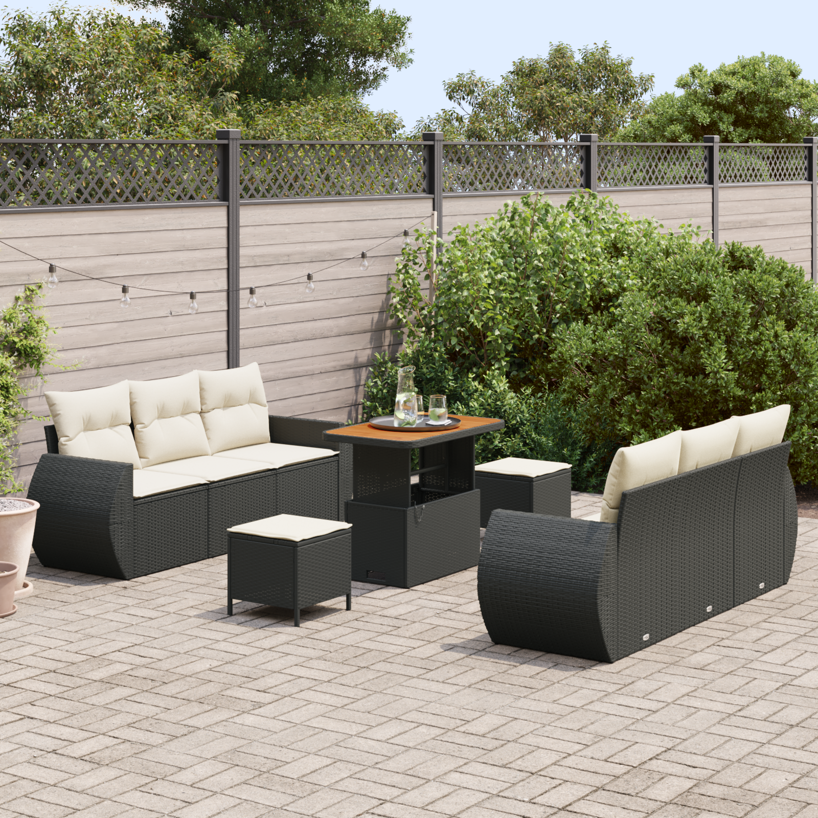 Set di Sofà da Giardino da 9 Pezzi con Cuscini Nero Polyrattan Acacia