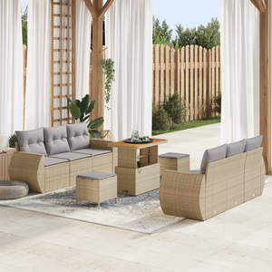 Set Divano da Giardino 9 Pezzi con Cuscini Beige in Polyrattan Acacia