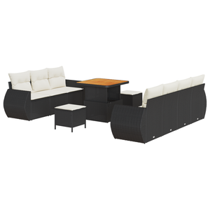 Set Divano Giardino 10 Pezzi con Cuscini Polyrattan Nero Acacia