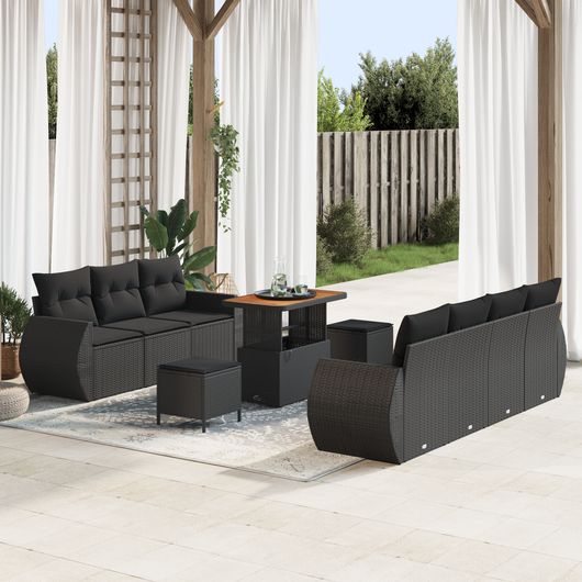 Set di Divani da Giardino a 10 Pezzi con Cuscini Nero in Polyrattan e Legno di Acacia