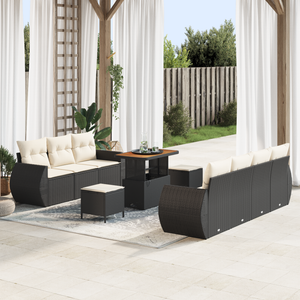 Set di Divano da Giardino con 10 Pezzi e Cuscini Rattan Nero Acacia
