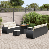 Set di Divano da Giardino con 10 Pezzi e Cuscini Rattan Nero Acacia