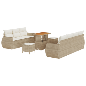 Set di Divani da Giardino in 10 Pezzi con Cuscini Beige in Rattan PE e Acacia