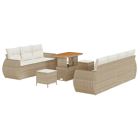 Set di Divani da Giardino in 10 Pezzi con Cuscini Beige in Rattan PE e Acacia