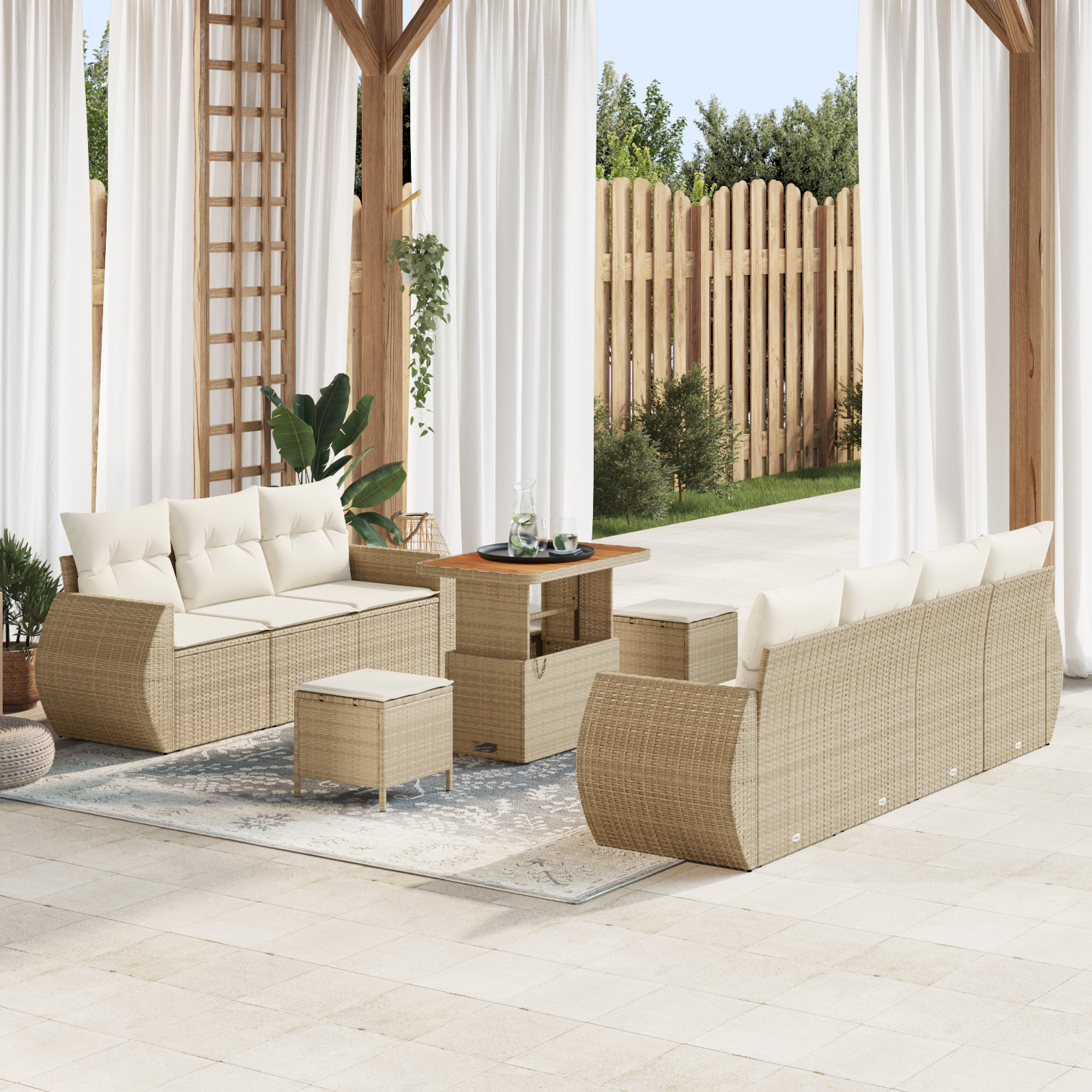Set di Divani da Giardino in 10 Pezzi con Cuscini Beige in Rattan PE e Acacia