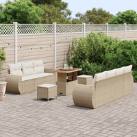 Set di Divani da Giardino in 10 Pezzi con Cuscini Beige in Rattan PE e Acacia