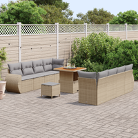 Set Divano da Giardino a 11 Pezzi con Cuscini Beige Polyrattan Acacia