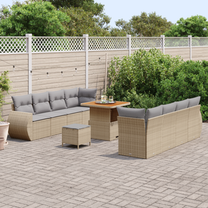 Set Divano da Giardino a 11 Pezzi con Cuscini Beige Polyrattan Acacia