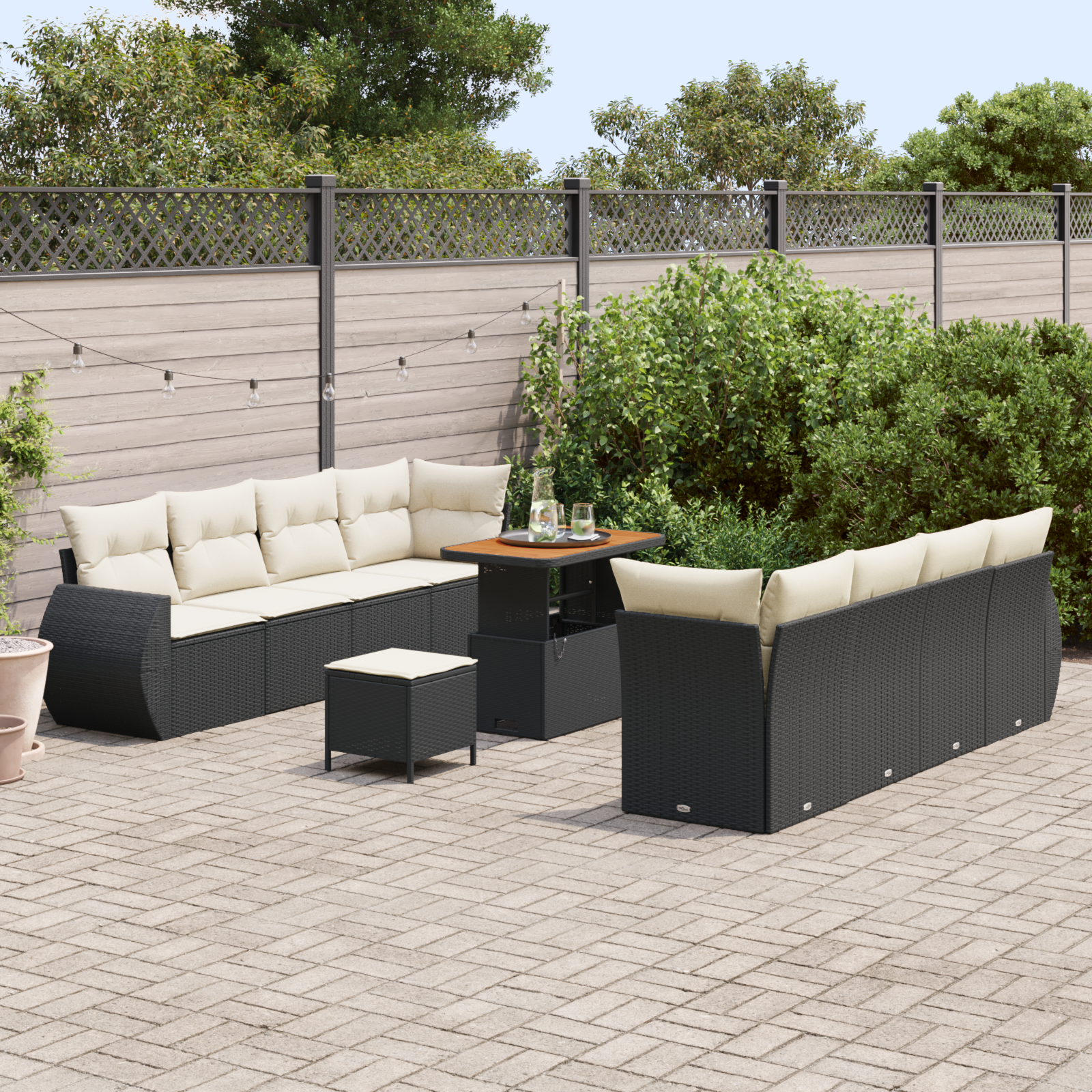 Set Divano da Giardino 11 Pezzi con Cuscini Rattan Nero Acacia