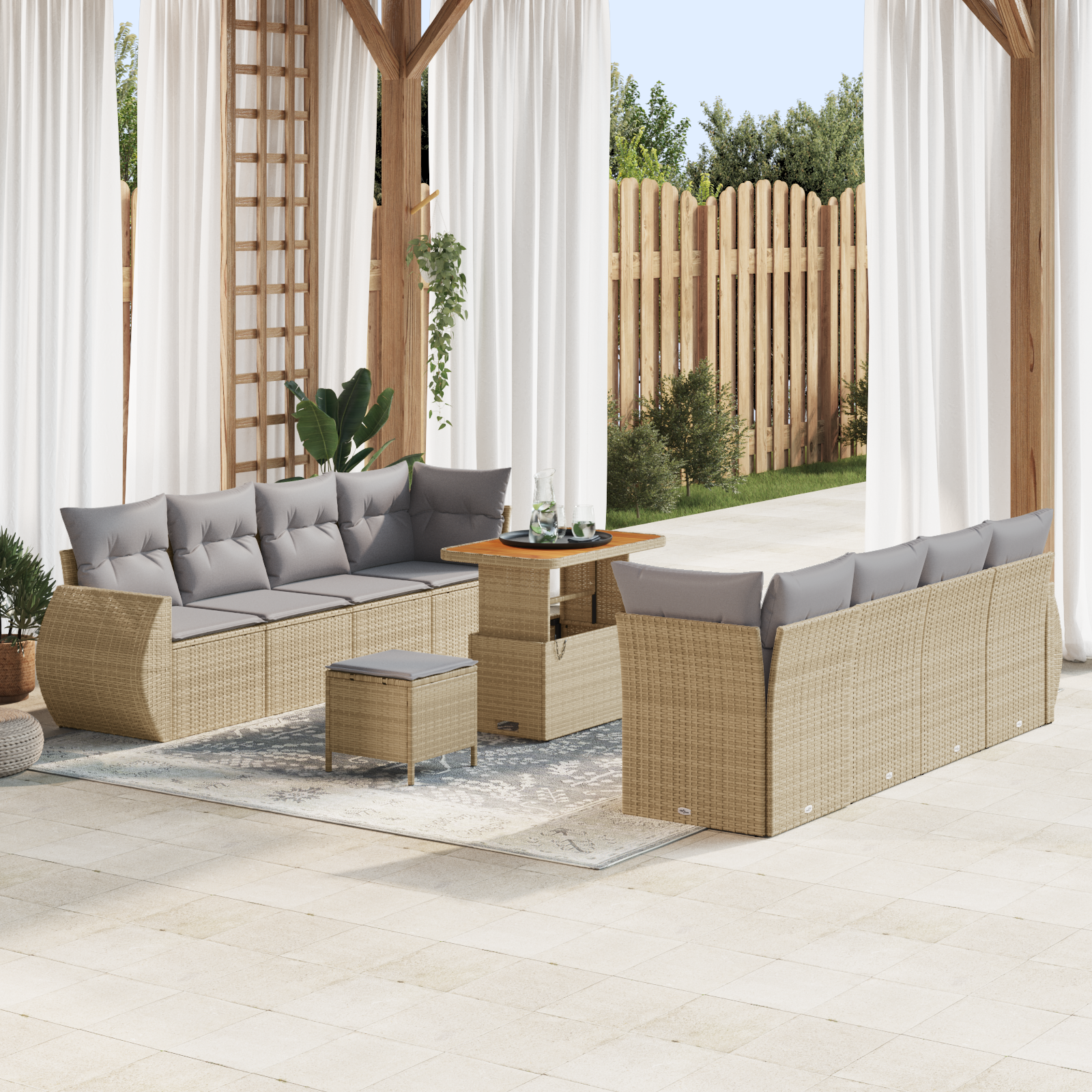 Set di Divano da Giardino  in 11 Pezzi con Cuscini Beige Polyrattan Acacia