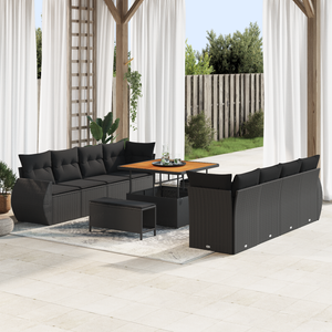 Set Divano da Giardino 11 Pezzi con Cuscini Nero Polyrattan Acacia