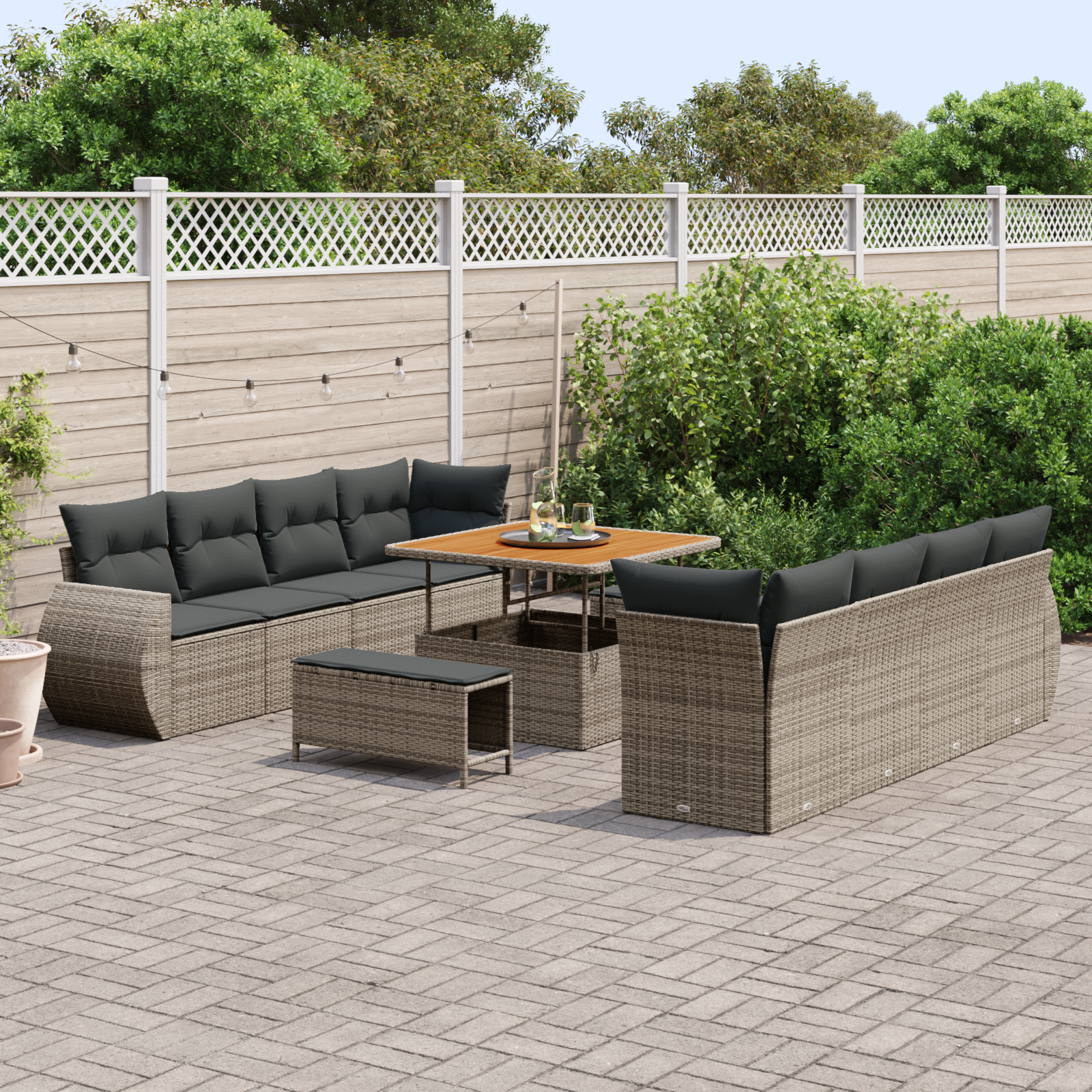 Set da giardino 11 pezzi con cuscini grigio polyrattan acacia
