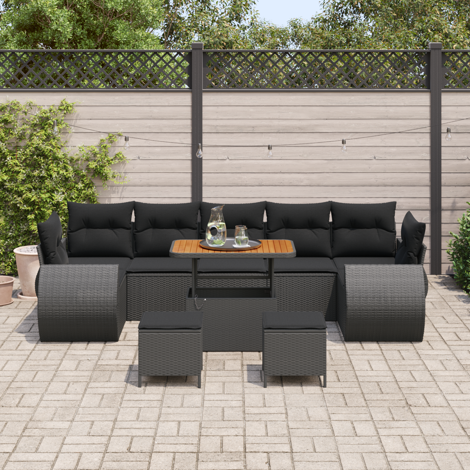Set di Divani da Giardino  10 Pezzi con Cuscini in Polyrattan Nero Acacia