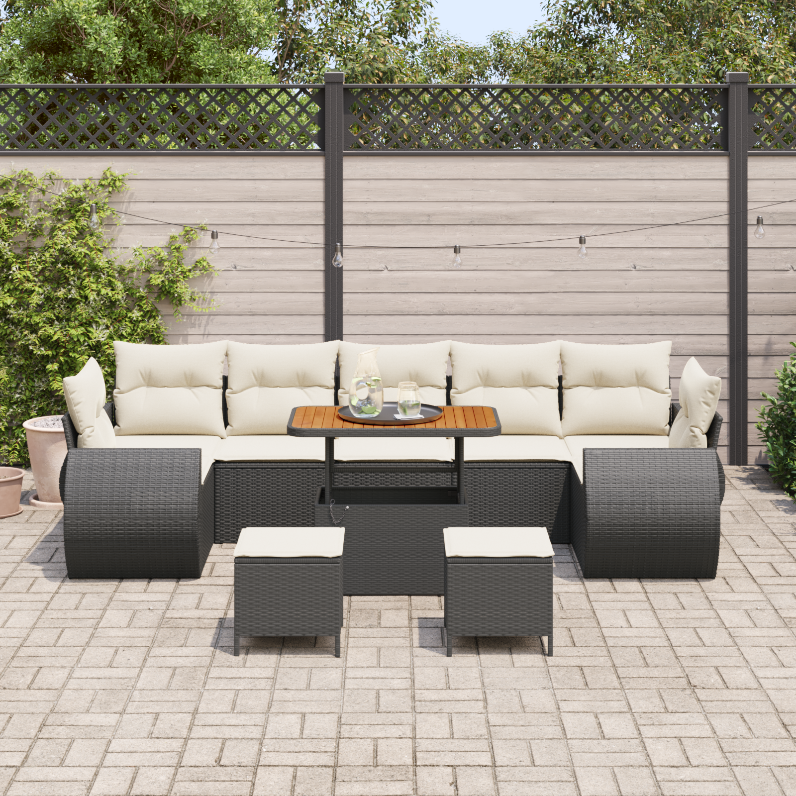 Set da Giardino da 10 Pezzi con Cuscini Rattan Polyrattan Nero Acacia
