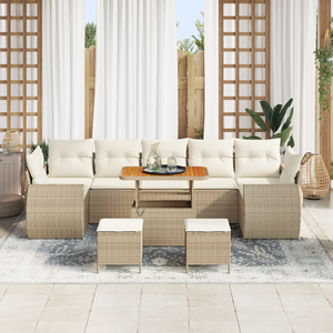 Set Divano da Giardino  10 Pezzi con Cuscini Beige in Rattan Polietilene Acacia