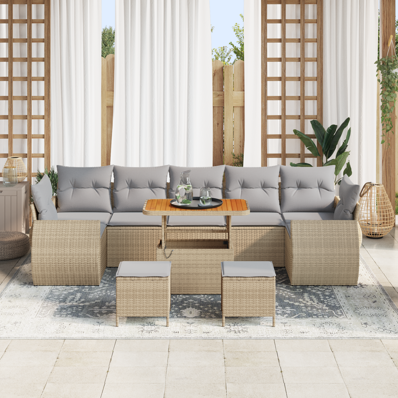 Set Divano Giardino 10 Pezzi con Cuscini Beige Rattan Polietilene Acacia