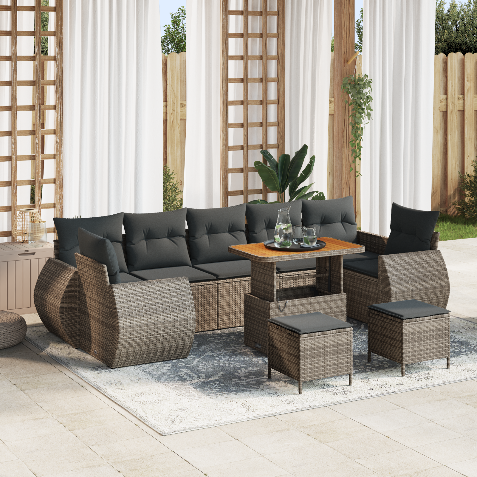 Set di Divani da Giardino  10 Pezzi con Cuscini Grigio Poly Rattan Acacia