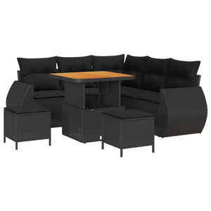 Set di divano da giardino 8 pezzi con cuscini in polyrattan nero e acacia
