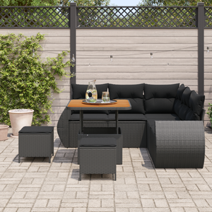 Set di divano da giardino 8 pezzi con cuscini in polyrattan nero e acacia