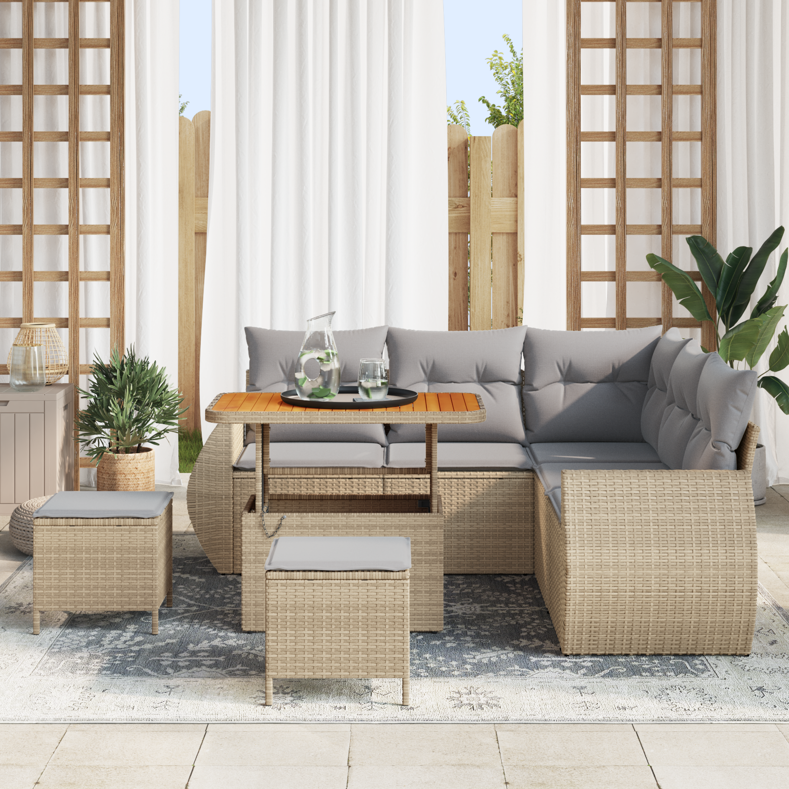 Set divani giardino  8 pezzi con cuscini Beige Polyrattan Acacia