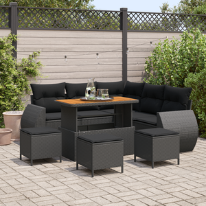 Set Divano Giardino  9 Pezzi con Cuscini Rattan Polyc Nero Acacia