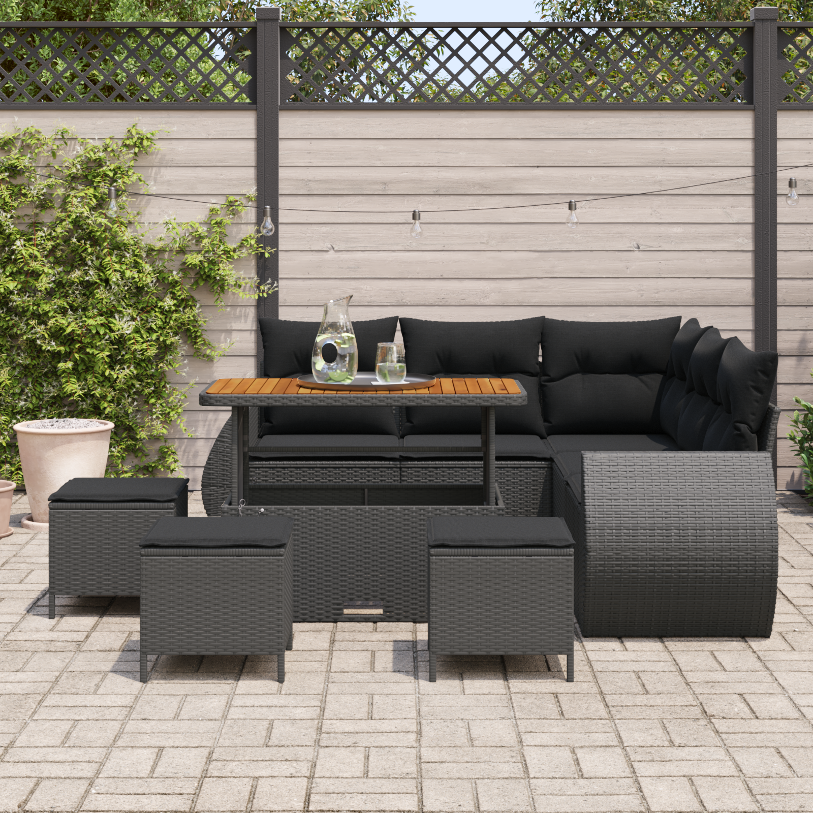 Set Divano Giardino  9 Pezzi con Cuscini Rattan Polyc Nero Acacia