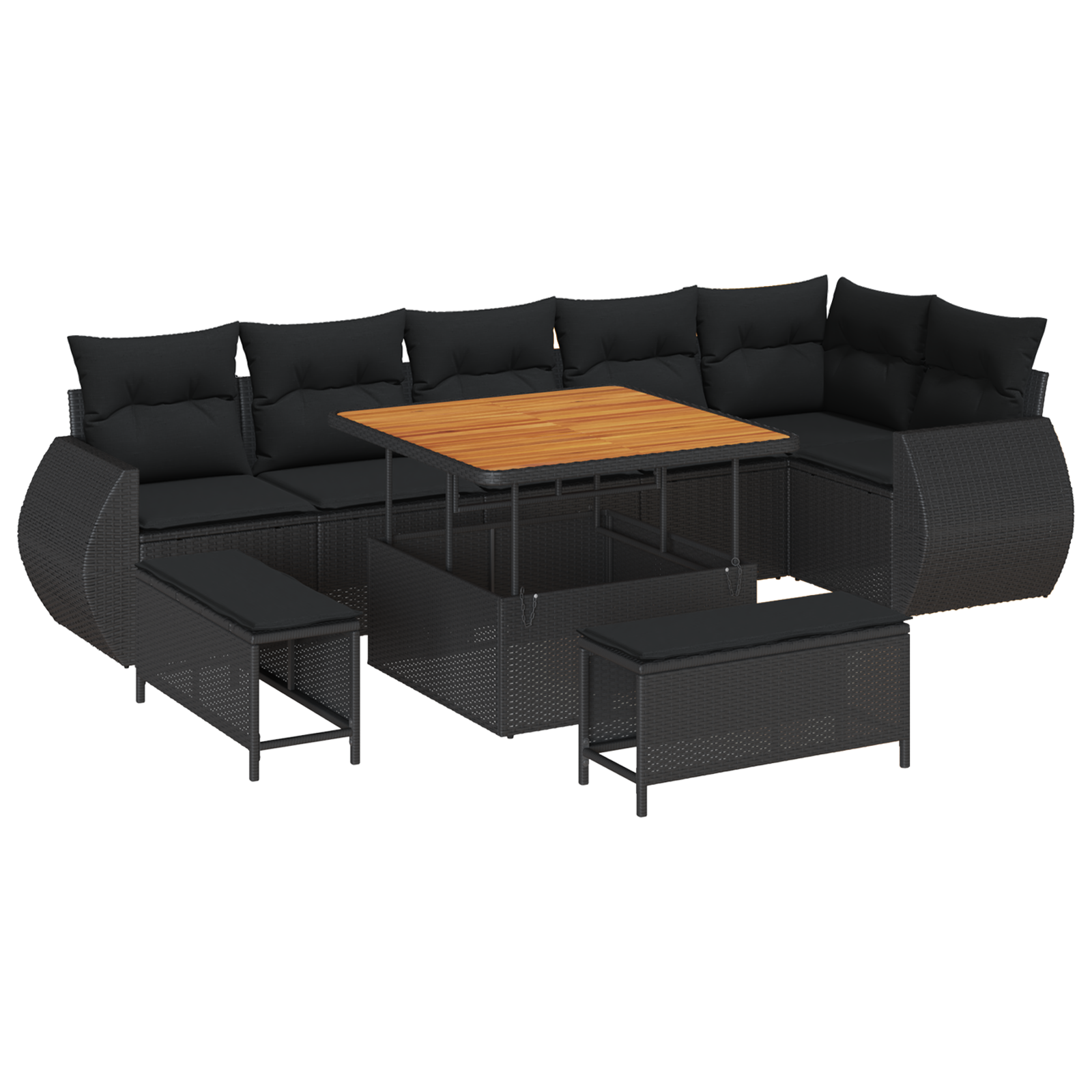 Set di Divani da Giardino  9 Pezzi con Cuscini, Rattan Nero Acacia