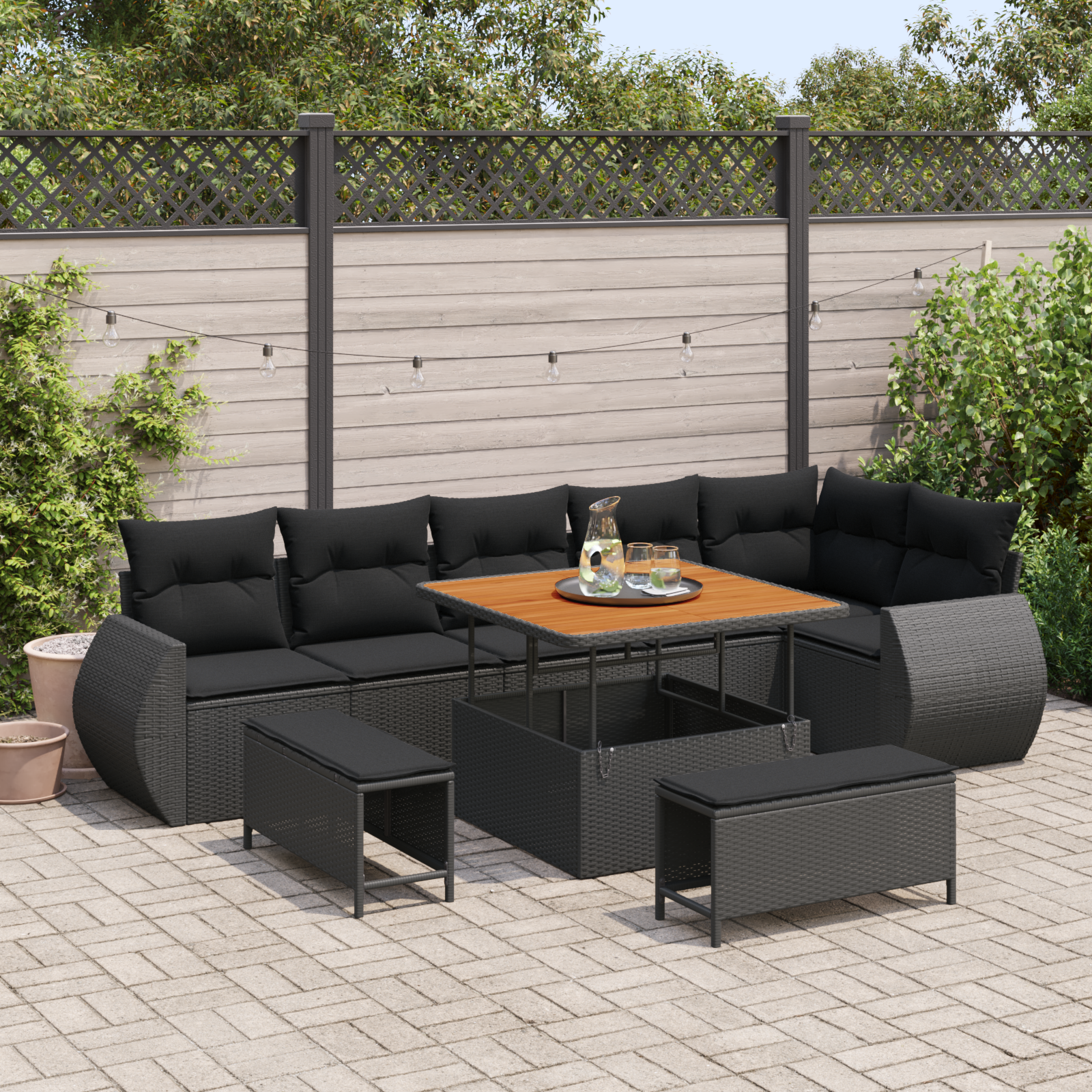 Set di Divani da Giardino  9 Pezzi con Cuscini, Rattan Nero Acacia