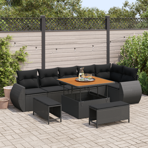 Set di Divani da Giardino  9 Pezzi con Cuscini, Rattan Nero Acacia